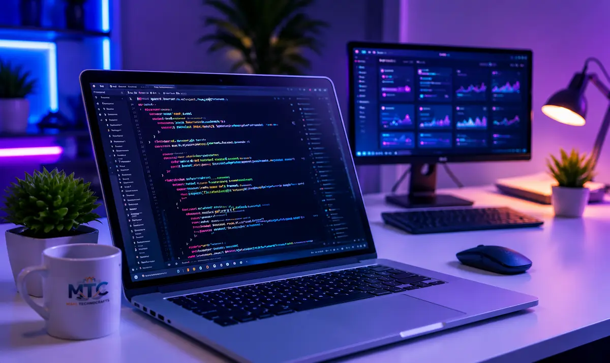 Laptop displaying a web development workspace